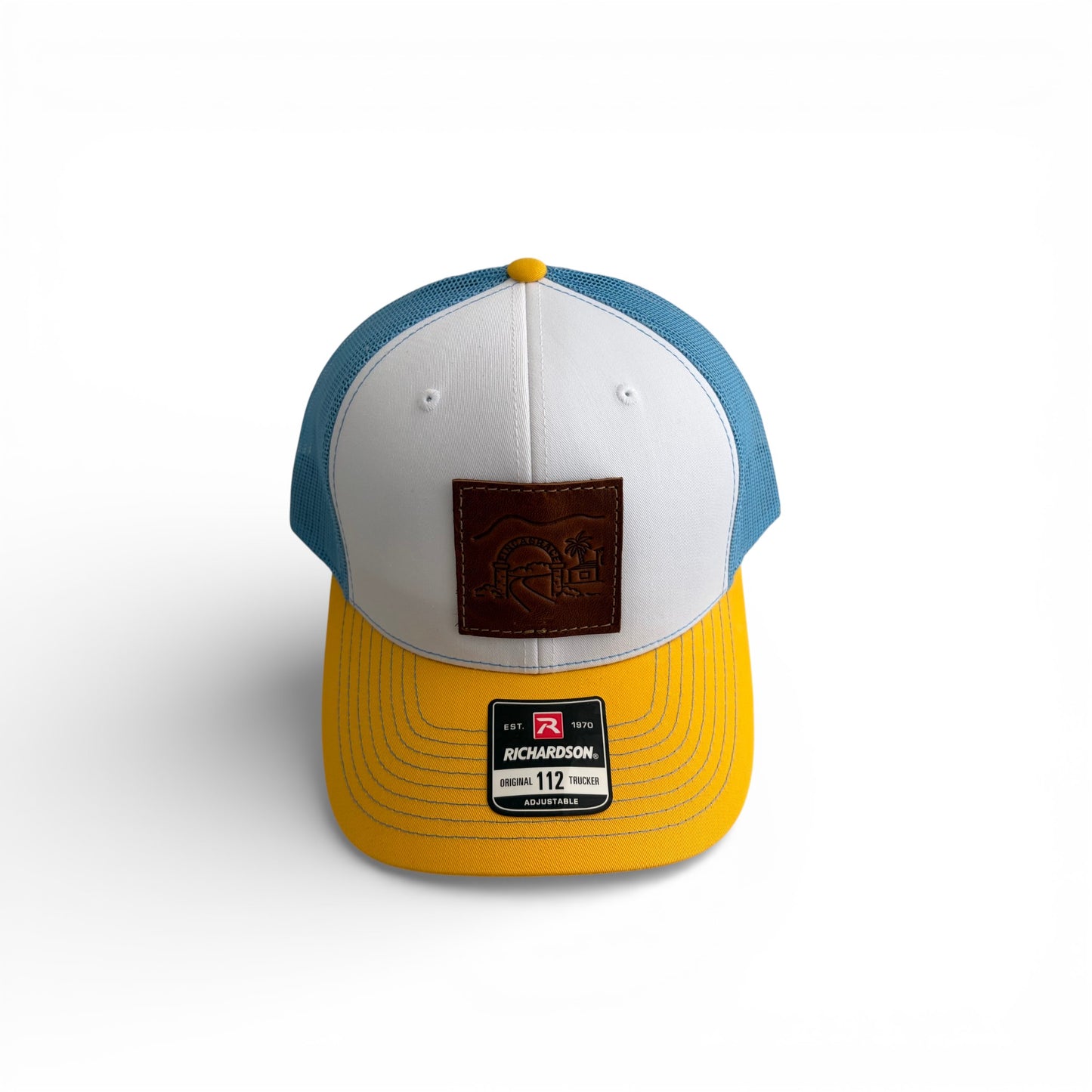 FCM Leather Patch Trucker Hat in White/Columbia Blue/Yellow