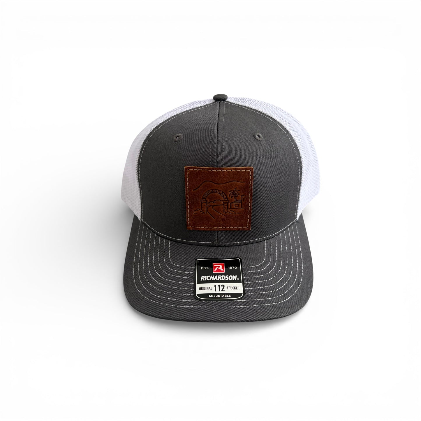 FCM Leather Patch Trucker Hat in Charcoal/White