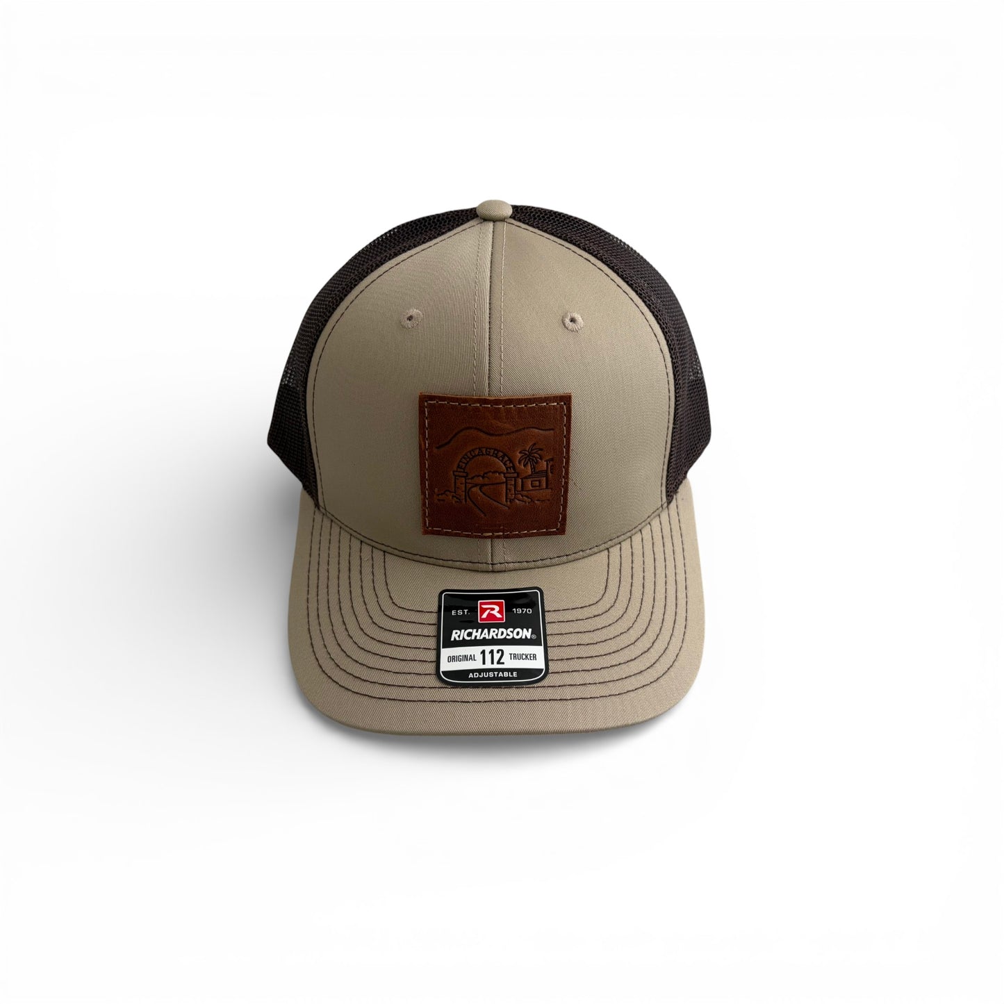 FCM Leather Patch Trucker Hat in Khaki/Coffee